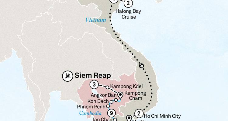 Travel map outlining Siem Reap to Halong Bay cruise itinerary.