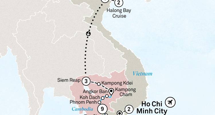 Carte détaillant l'itinéraire de croisière entre Siem Reap et Ho Chi Minh-Ville via le Mékong.