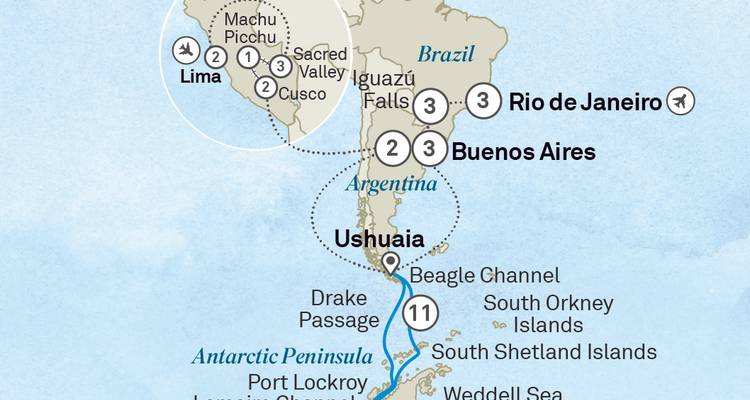 Itinerary map of South America and Antarctica cruise route with city stops