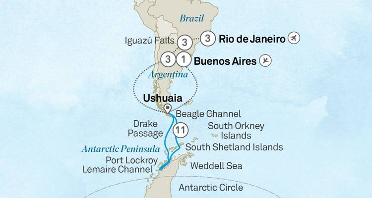 Stylized map outlining a South America–Antarctica cruise route with city stop markers.