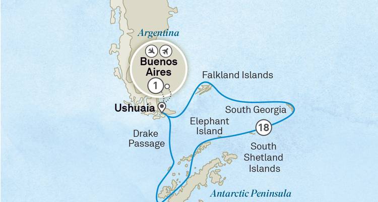 Carte de voyage simplifiée de Buenos Aires à Ushuaïa incluant les îles antarctiques.