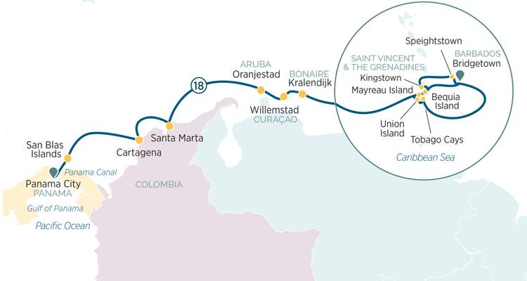Illustrated cruise route map of Caribbean islands and Panama Canal region.