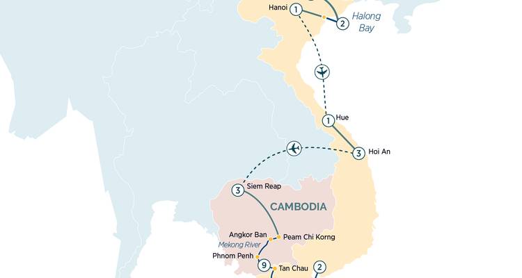 Tour itinerary map of Vietnam and Cambodia highlighting Hanoi, Hue, Hoi An, Siem Reap, and Mekong River