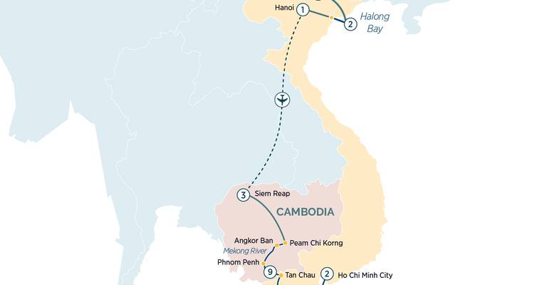 Simplified map depicting a combined Vietnam and Cambodia itinerary with flights and river cruise segments