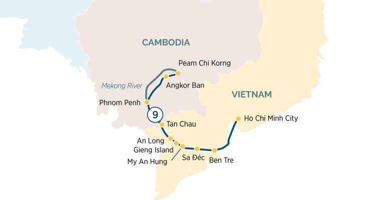 Carte d'itinéraire simplifiée montrant un parcours le long du Mékong à travers le Cambodge et le Vietnam avec les principaux arrêts en évidence.