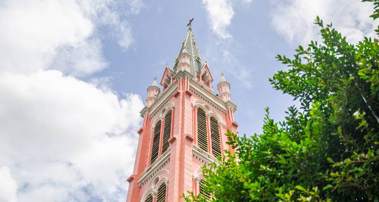 La façade néo-gothique rose pastel de l'église Tan Dinh s'étend dans un ciel lumineux derrière un feuillage luxuriant.