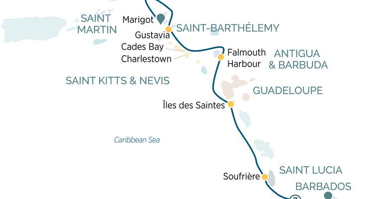 Carte d'itinéraire de croisière des Caraïbes orientales mettant en évidence les îles et la route de navigation entre Sainte-Lucie et Saint-Martin.