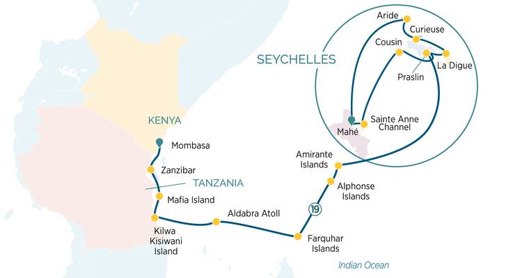 Cruise itinerary map covering Kenya, Tanzania and Seychelles island destinations.