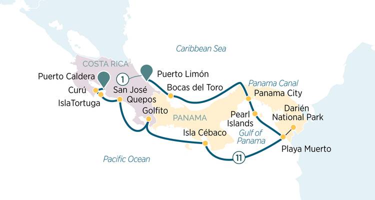 Carte d'itinéraire de croisière montrant l'itinéraire côtier du Costa Rica et du Panama ainsi que les ports d'escale.