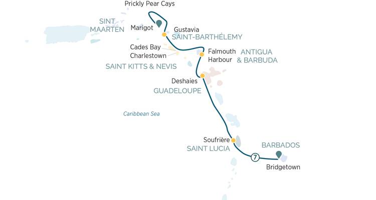 Illustration de la carte d'itinéraire en yacht à travers l'Antigua, la Guadeloupe, Saint-Kitts-et-Nevis et la Barbade.