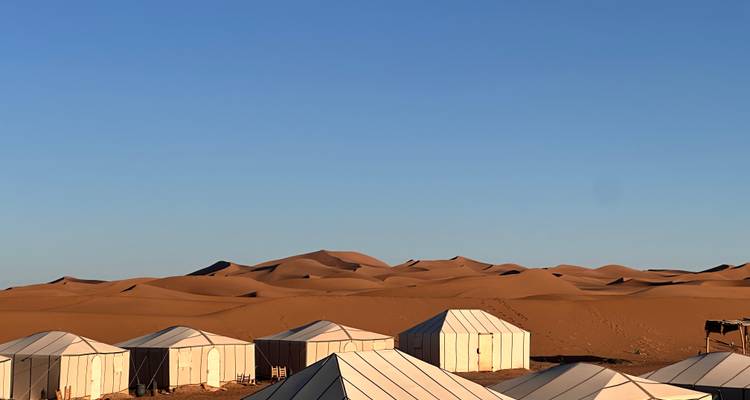 Row of white canvas desert tents against backdrop of golden dunes under clear sky.