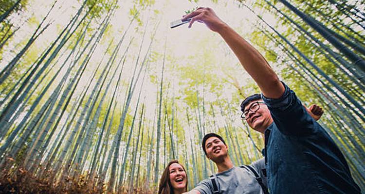 Friends taking a selfie beneath towering bamboo stalks in Arashiyama’s bamboo grove.