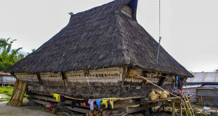 Traditional stilted wooden house with steep thatched roof in a rural Indonesian village.