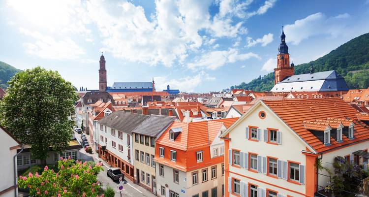 Charmant dakterras uitzicht op Heidelbergs Oude Stad met de toren van de Heilige Geestkerk en omringende heuvels.