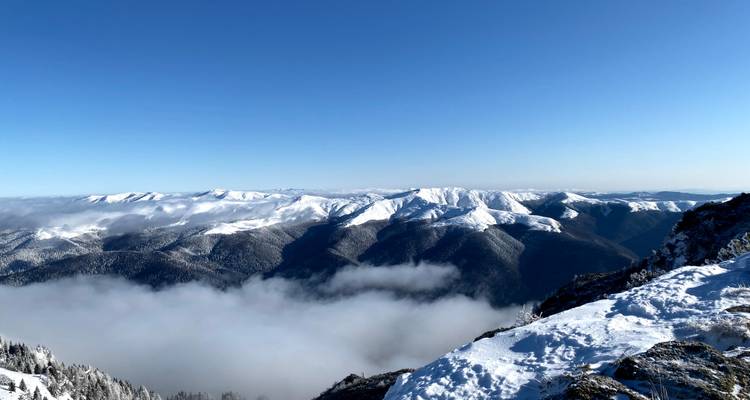 Snow-covered Carpathian mountain range with low clouds drifting through sunlit valleys.
