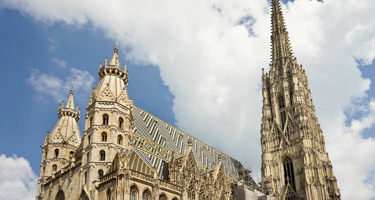 Vue ascendante des flèches ornées et du toit à motifs de la cathédrale Saint-Étienne à Vienne.