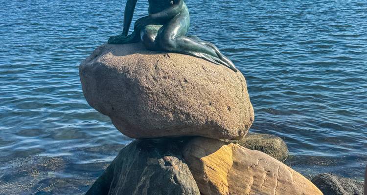 Het beroemde Kleine Zeemeermin bronzen beeld dat op een rotsblok aan de waterkant van de haven van Kopenhagen staat.