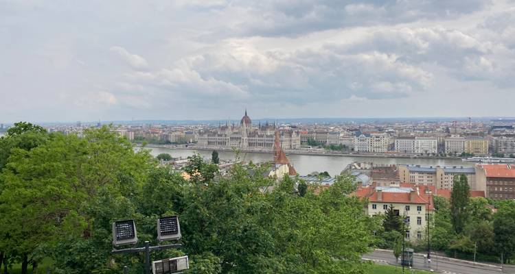 Panoramisch uitzicht over Boedapest met het Parlementsgebouw aan de overkant van de Donau omlijst door groen