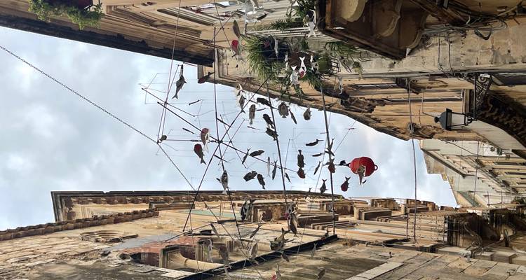 Étroite ruelle en hauteur bordée de bâtiments historiques en pierre, décorée avec des sculptures de poissons en métal suspendues au-dessus.