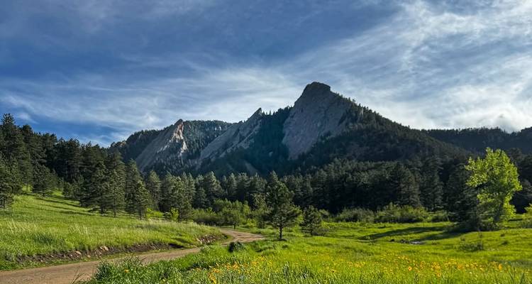 Iconic Flatirons rock formations rise above green meadows and pine forest under a partly cloudy sky.