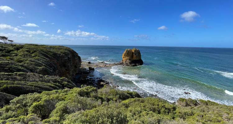 Vue côtière pittoresque d'un rocher isolé en mer entouré de vagues turquoise et de falaises verdoyantes luxuriantes sous un ciel bleu.