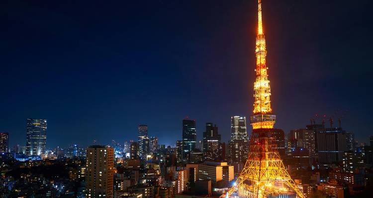 Tokyo Tower gloeit oranje tegen de nachtelijke skyline van moderne wolkenkrabbers.