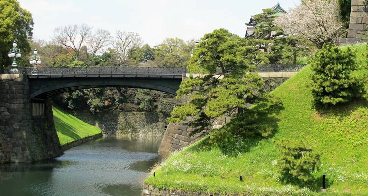Stenen brug over een rustige gracht omgeven door weelderig groen in de buurt van het Keizerlijk Paleis in Tokyo.