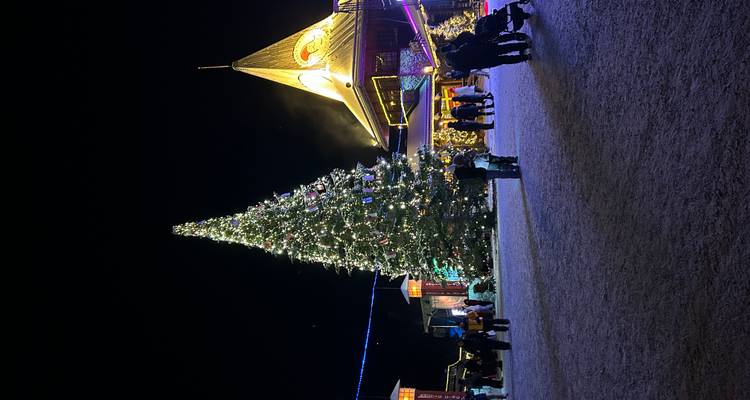 Grand sapin de Noël illuminé et bâtiments festifs au Village du Père Noël par une nuit enneigée.