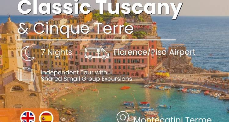 Promotional image of colorful coastal village in Cinque Terre overlaid with tour text and icons.