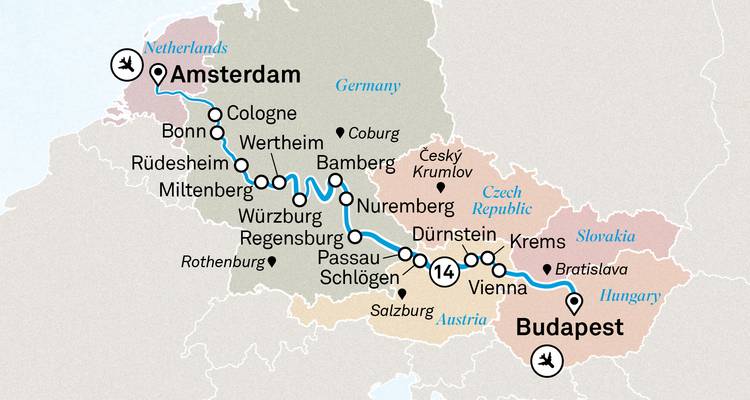 Carte détaillée de l'itinéraire pour une croisière fluviale européenne d'Amsterdam à Budapest