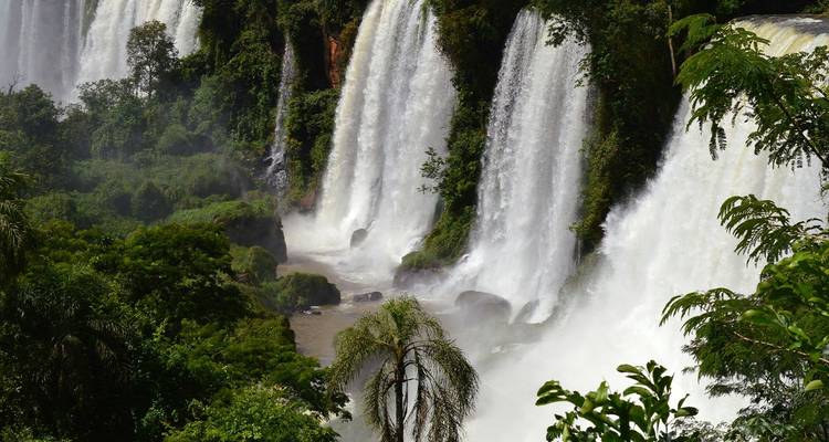 Vista lateral de múltiples cascadas estrechas de las Cataratas del Iguazú enmarcadas por exuberante vegetación