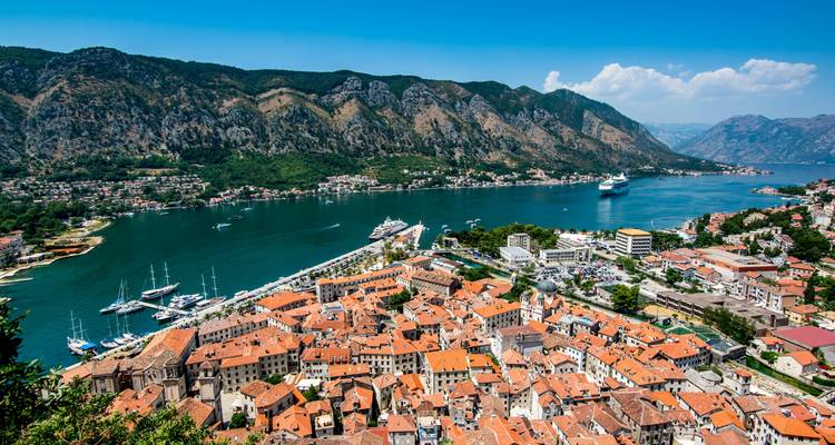Uitzicht op de terracotta daken van de oude stad Kotor en de fjord met cruiseschepen en steile bergen.