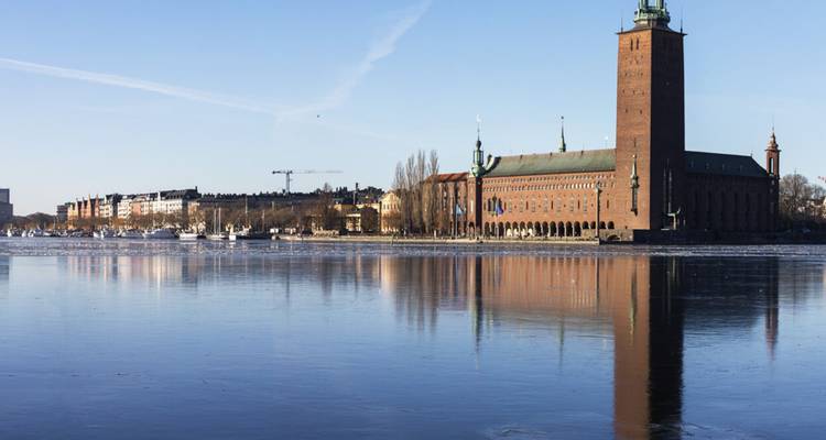 Bakstenen stadhuis met hoge toren weerspiegeld op een rustige, bevroren waterfront onder blauwe hemel