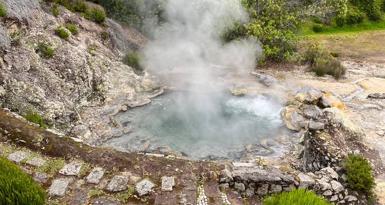 Bassin d'eau chaude naturelle fumante creusé dans la roche avec des marches en pierre menant vers le bas.