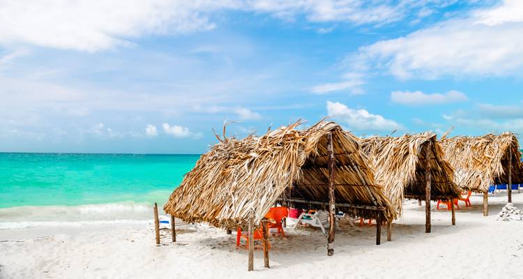 Row of rustic thatched sun shelters on a white-sand Caribbean beach with turquoise sea