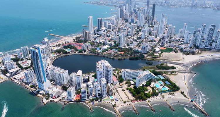 Aerial view of Cartagena peninsula with skyscrapers, beaches and turquoise waters