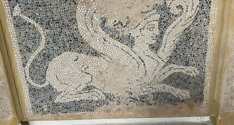 Pebble-mosaic artwork depicting a lion and griffin in contrasting stones