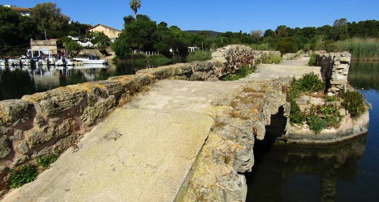 Ancient low stone bridge spanning a tranquil river lined with reeds.