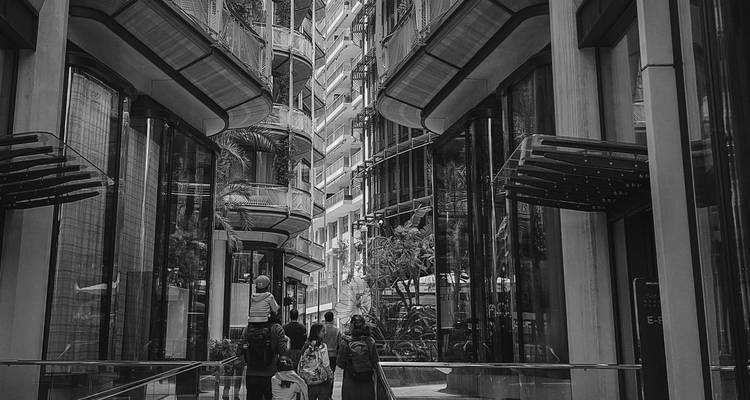 Monochrome view of modern glass atrium with lofty walkways and a small group of visitors looking upward.
