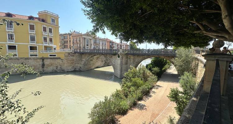 Un pont historique en pierre enjambe une rivière tranquille avec des sentiers ombragés en contrebas et des maisons de ville colorées à proximité