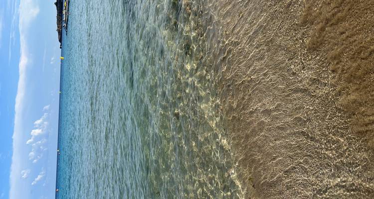 Clear shallow seawater meeting wet sandy shore on a calm day