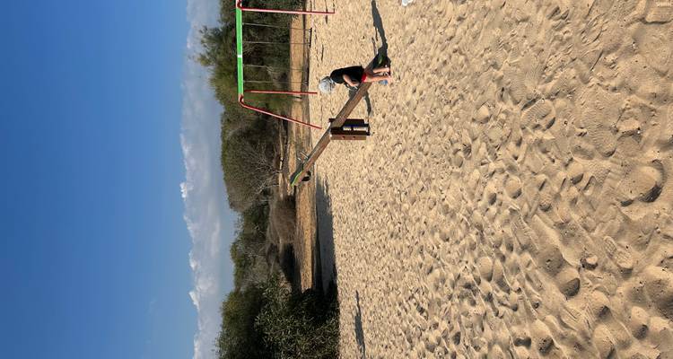 Small child playing alone on a seesaw in a sandy playground surrounded by scrub