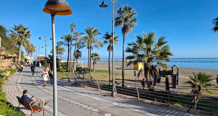 Zeepromenade met palmen, strand en mensen die op een zonnige dag wandelen