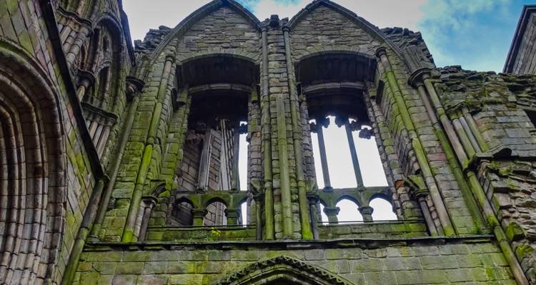 Weathered stone arches and window tracery of a medieval abbey ruin streaked with moss.