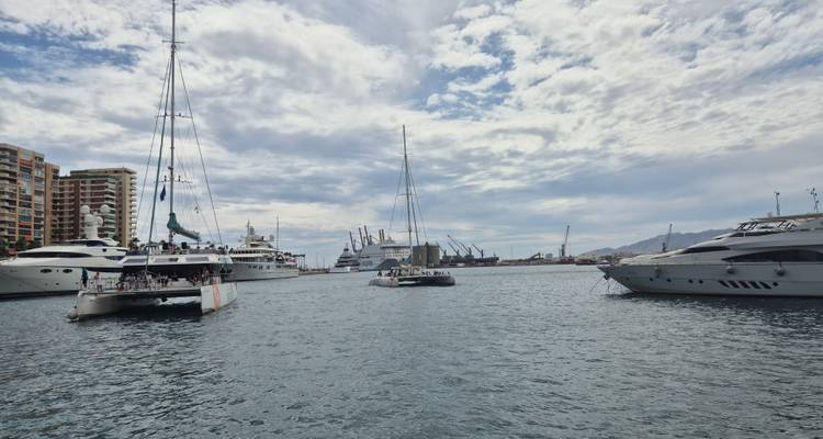 Harbor with multiple yachts anchored under partly cloudy sky