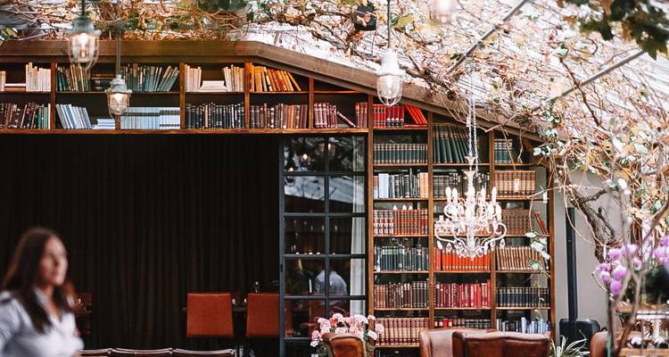 Bibliothèque-café confortable avec toit en verre, lustre scintillant et étagères de livres colorés.