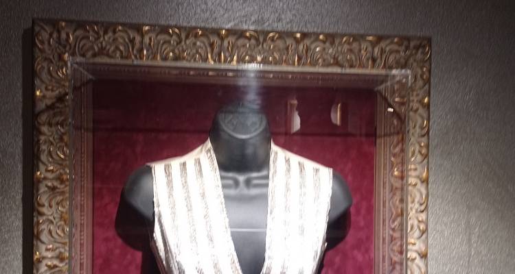 Framed stage costume on a mannequin behind reflective glass at Hard Rock Café.