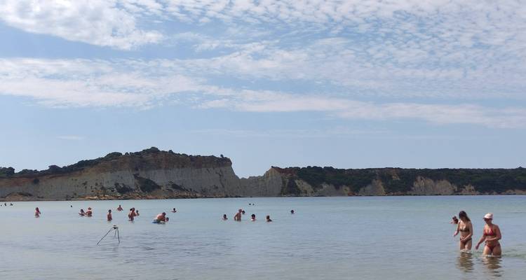 Dozens of beachgoers wade and swim in shallow turquoise water backed by low white cliffs.