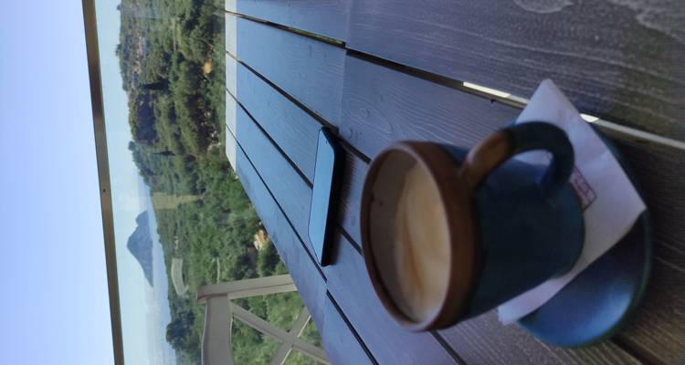 Cup of coffee on a wooden table with a blurred coastal landscape visible through glass railing.