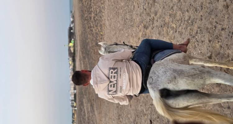 Man riding a gray horse across open sandy plains with a distant town on the horizon.